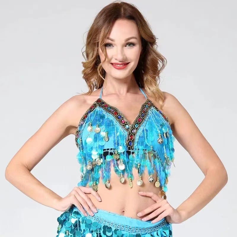 Sutien cu paiete pentru dansele belly, cu ciucuri și monede, din poliester (Primăvara 2024; Poliester; 80-90% poliester; Stil sexy)