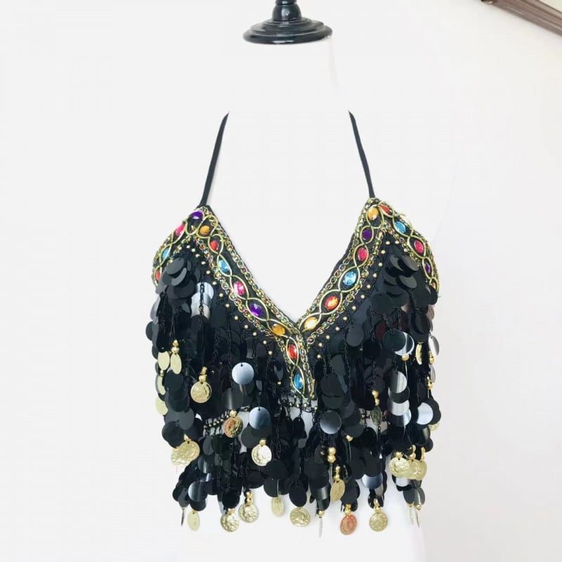 Sutien cu paiete pentru dansele belly, cu ciucuri și monede, din poliester (Primăvara 2024; Poliester; 80-90% poliester; Stil sexy)