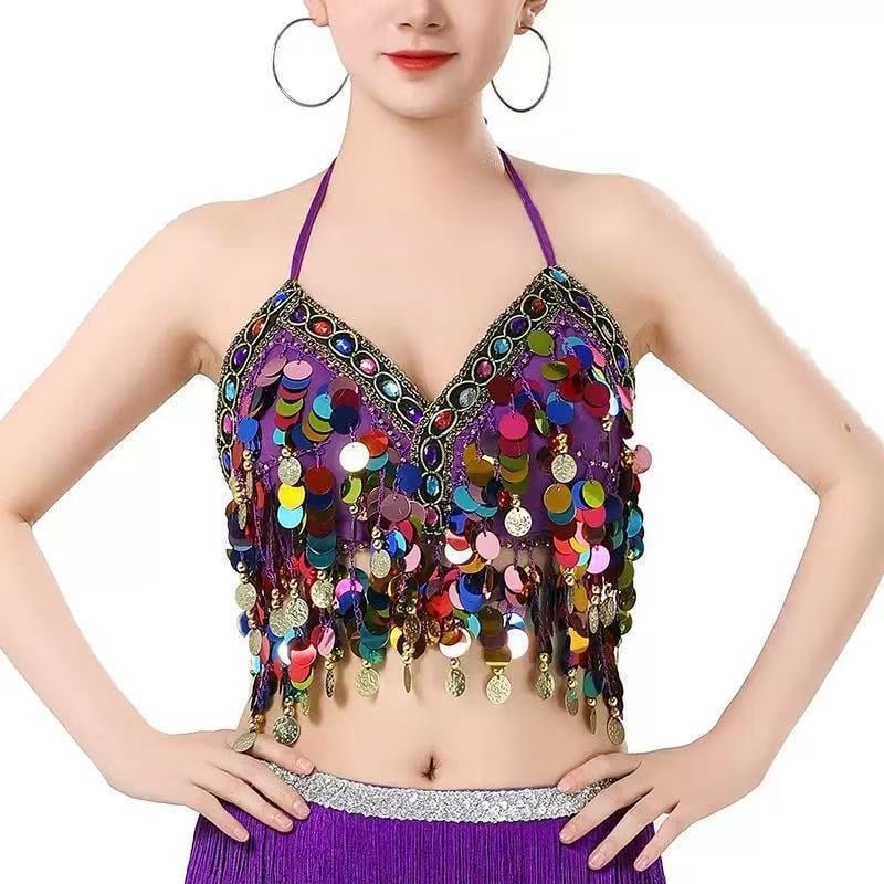 Sutien cu paiete pentru dansele belly, cu ciucuri și monede, din poliester (Primăvara 2024; Poliester; 80-90% poliester; Stil sexy)