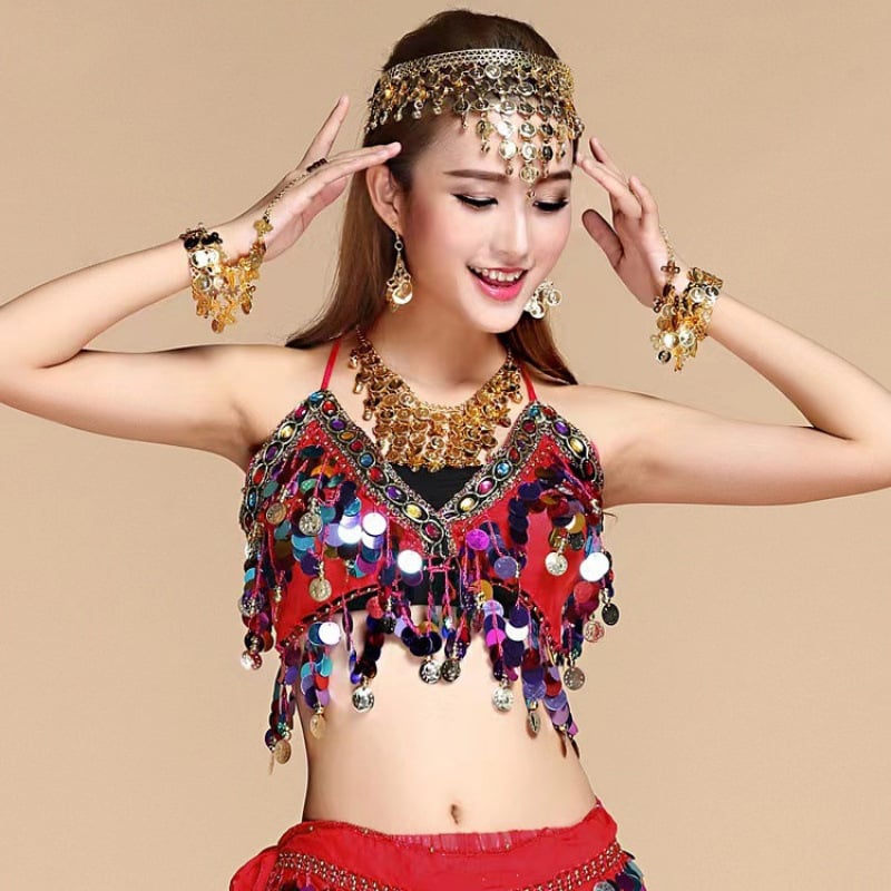 Sutien cu paiete pentru dansele belly, cu ciucuri și monede, din poliester (Primăvara 2024; Poliester; 80-90% poliester; Stil sexy)