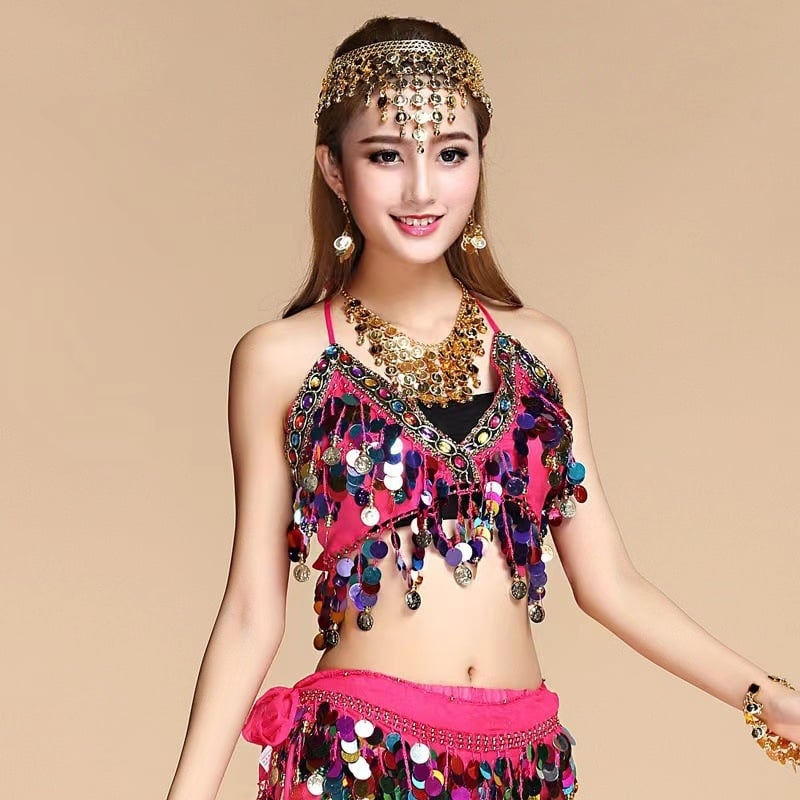 Sutien cu paiete pentru dansele belly, cu ciucuri și monede, din poliester (Primăvara 2024; Poliester; 80-90% poliester; Stil sexy)