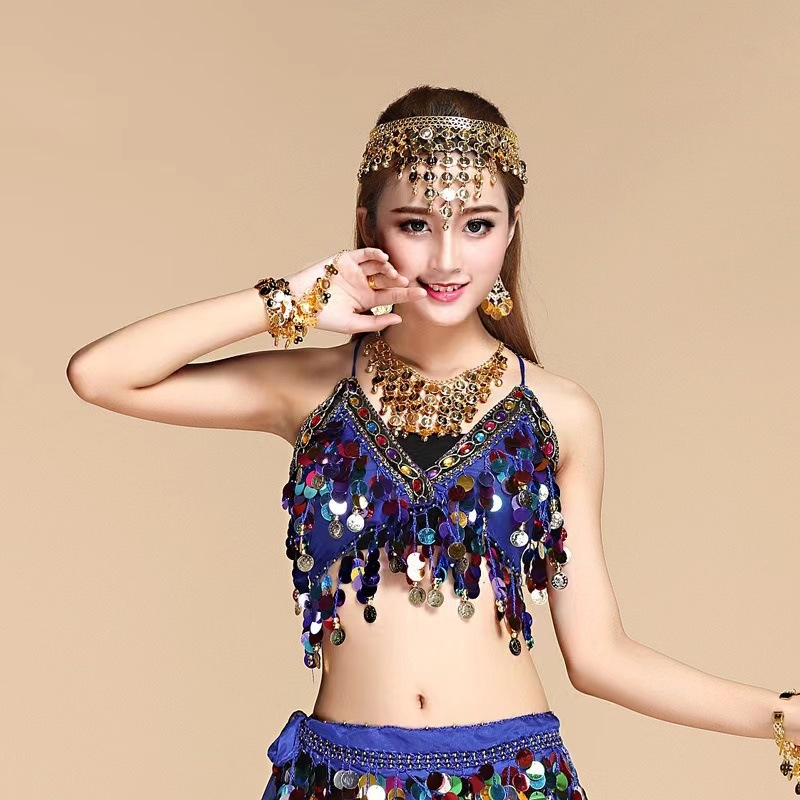 Sutien cu paiete pentru dansele belly, cu ciucuri și monede, din poliester (Primăvara 2024; Poliester; 80-90% poliester; Stil sexy)