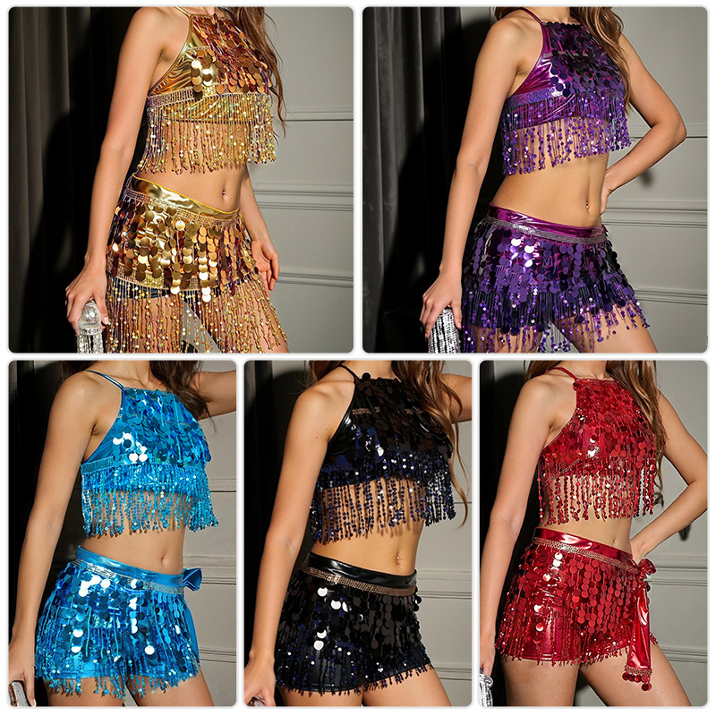 Set Belly Dance cu șal șolduri cu ciucuri și fustă cu paiete, broderie din poliester, stil sexy urban - Primăvara 2025