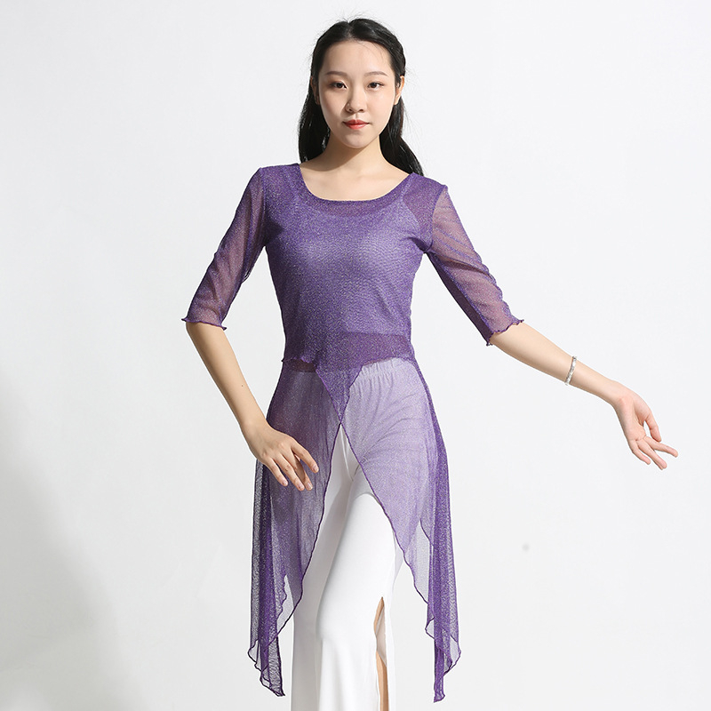 Ženski plesni komplet za praksu — Spandex i Silver Silk Gauze, Belly Dance, top s polu rukavom i široke hlače, klasičan silueta.