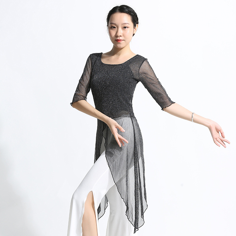 Ženski plesni komplet za praksu — Spandex i Silver Silk Gauze, Belly Dance, top s polu rukavom i široke hlače, klasičan silueta.