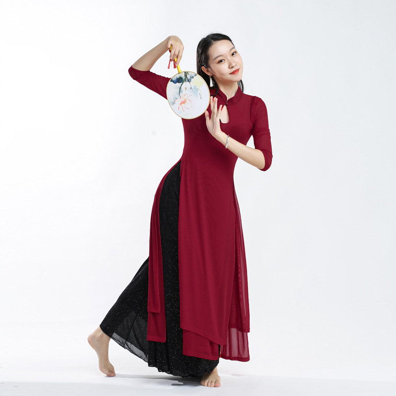 Ženski kostim za moderan ples — jednobojna mrežasta tkanina, podstava 95% spandex, pogodan za belly dance, Hanfu i klasični ples