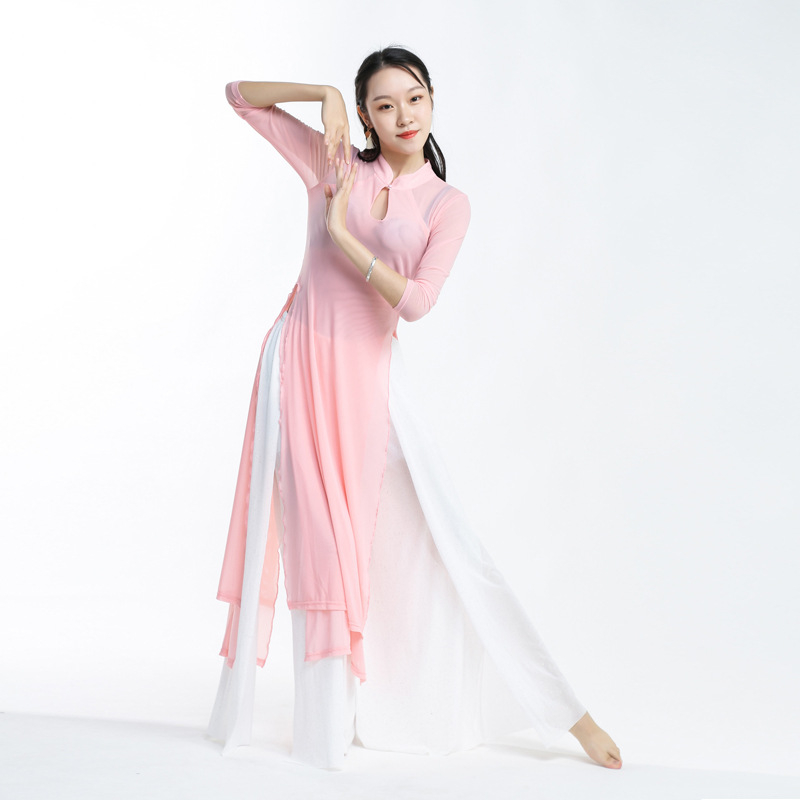 Ženski kostim za moderan ples — jednobojna mrežasta tkanina, podstava 95% spandex, pogodan za belly dance, Hanfu i klasični ples