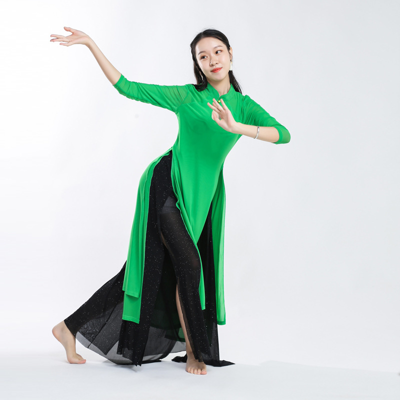 Ženski kostim za moderan ples — jednobojna mrežasta tkanina, podstava 95% spandex, pogodan za belly dance, Hanfu i klasični ples