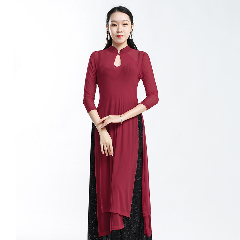 Ženski kostim za moderan ples — jednobojna mrežasta tkanina, podstava 95% spandex, pogodan za belly dance, Hanfu i klasični ples