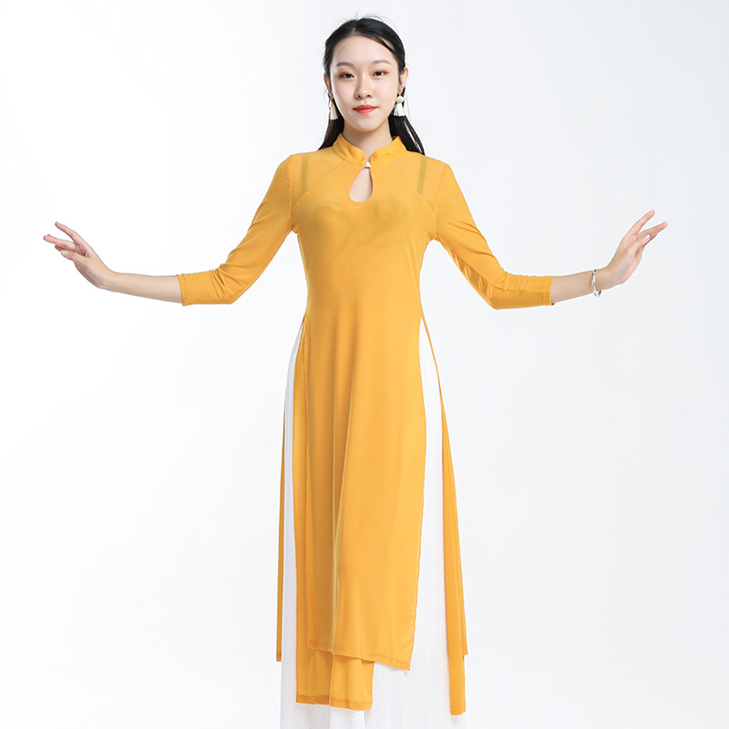 Ženski kostim za moderan ples — jednobojna mrežasta tkanina, podstava 95% spandex, pogodan za belly dance, Hanfu i klasični ples