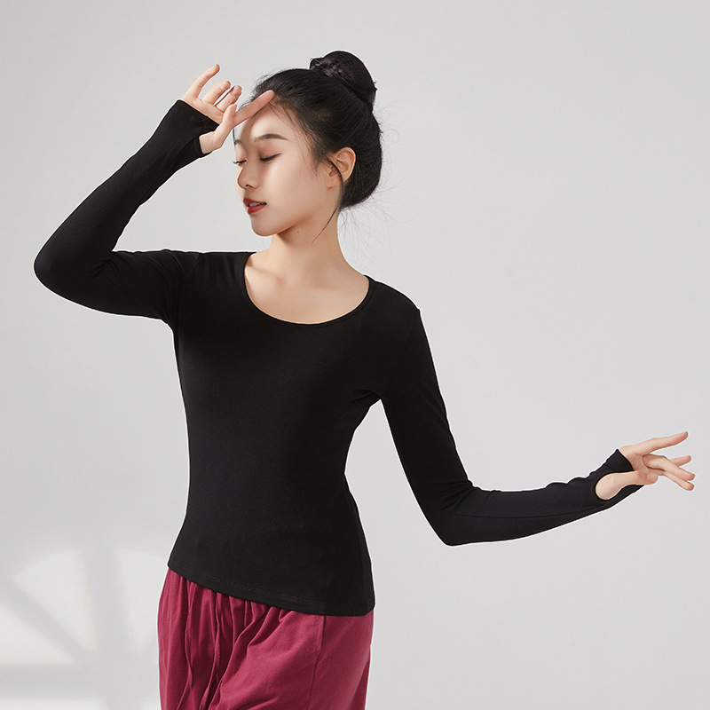 Top pentru dans modern pentru femei, căptușit cu fleece, mâneci lungi, țesătură din viscoză cu căptușeală de bumbac, potrivit pentru iarnă, toamnă și primăvară