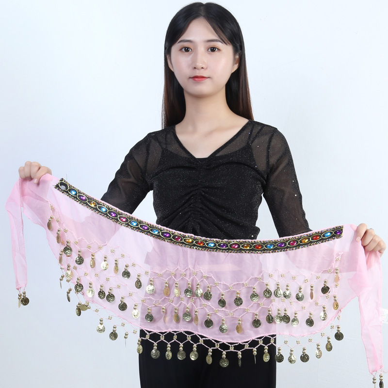 Ζώνη μέσης Belly Dance με διαμαντόπετρες и χιπ σάλφ — μέταλλο, αυτόματο κούμπωμα, υφαντός ιμάντας, ατομικά συσκευασμένο