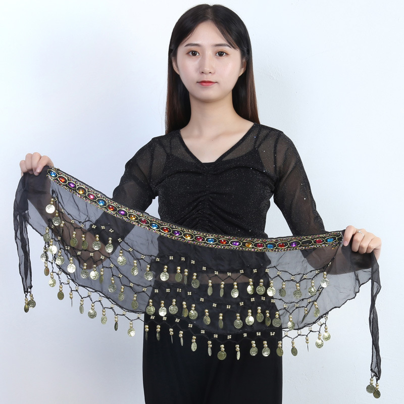 Ζώνη μέσης Belly Dance με διαμαντόπετρες и χιπ σάλφ — μέταλλο, αυτόματο κούμπωμα, υφαντός ιμάντας, ατομικά συσκευασμένο