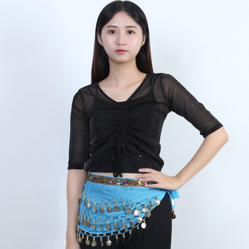 Ζώνη μέσης Belly Dance με διαμαντόπετρες и χιπ σάλφ — μέταλλο, αυτόματο κούμπωμα, υφαντός ιμάντας, ατομικά συσκευασμένο