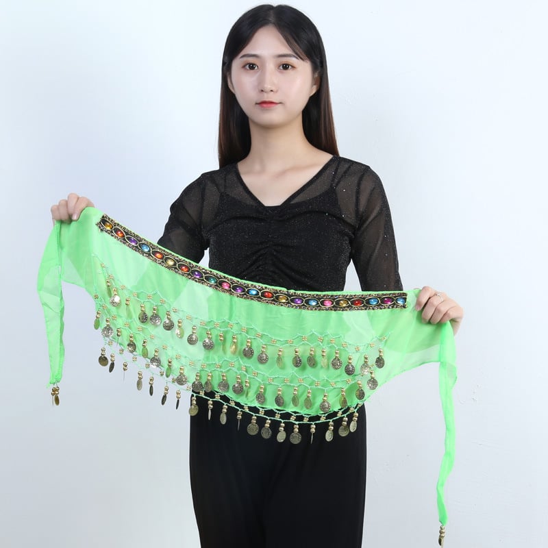 Ζώνη μέσης Belly Dance με διαμαντόπετρες и χιπ σάλφ — μέταλλο, αυτόματο κούμπωμα, υφαντός ιμάντας, ατομικά συσκευασμένο