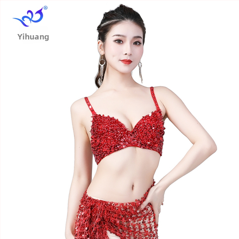 Yihuang sequin grudnjak za pozornicu – Push-Up, duboki V izrez, poliester s elastanom, pogodan za pozorišne kostime, ples trbuha, indijski ples, moderni ples