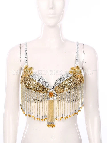 Bustier pentru dansul stomacului cu paiete, broderie manuală cu mărgele și aplicații florale, top pentru scenă; material principal: poliester 50–70%, PVC 30–50%, stil sexy, street