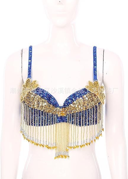 Bustier pentru dansul stomacului cu paiete, broderie manuală cu mărgele și aplicații florale, top pentru scenă; material principal: poliester 50–70%, PVC 30–50%, stil sexy, street