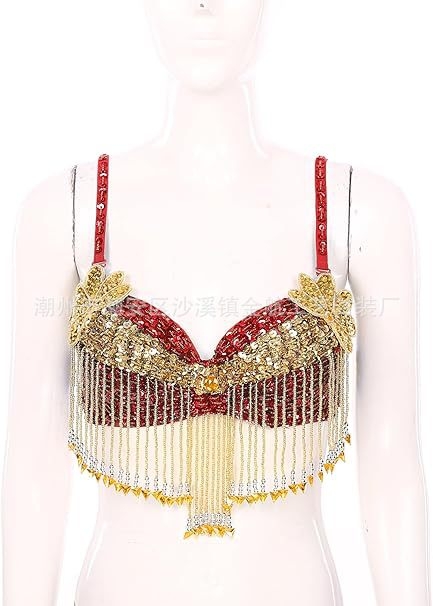 Bustier pentru dansul stomacului cu paiete, broderie manuală cu mărgele și aplicații florale, top pentru scenă; material principal: poliester 50–70%, PVC 30–50%, stil sexy, street