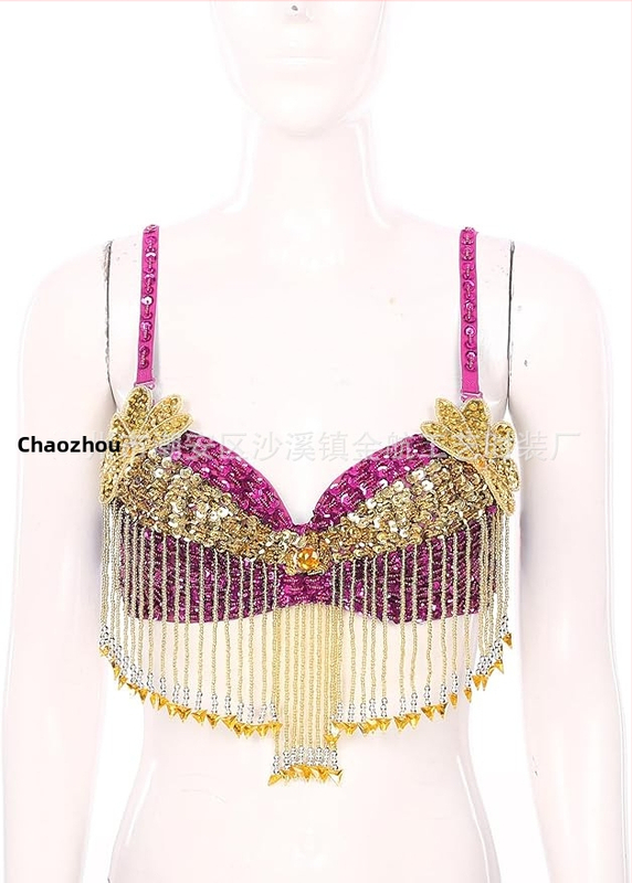 Bustier pentru dansul stomacului cu paiete, broderie manuală cu mărgele și aplicații florale, top pentru scenă; material principal: poliester 50–70%, PVC 30–50%, stil sexy, street