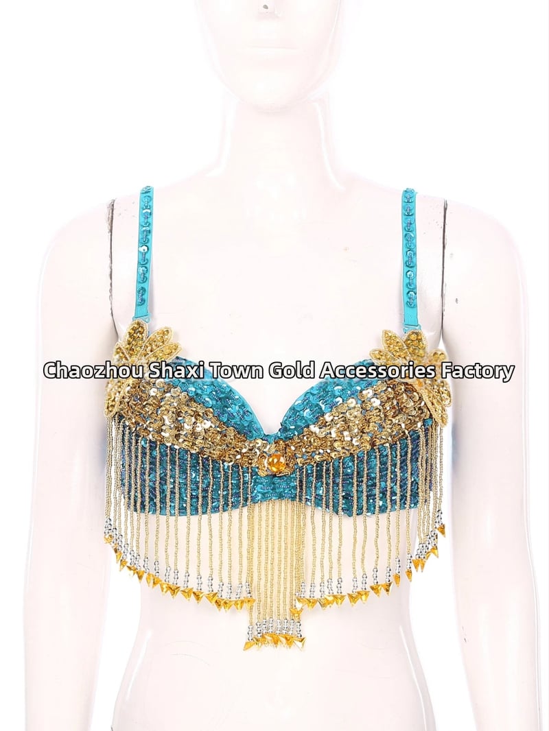 Bustier pentru dansul stomacului cu paiete, broderie manuală cu mărgele și aplicații florale, top pentru scenă; material principal: poliester 50–70%, PVC 30–50%, stil sexy, street