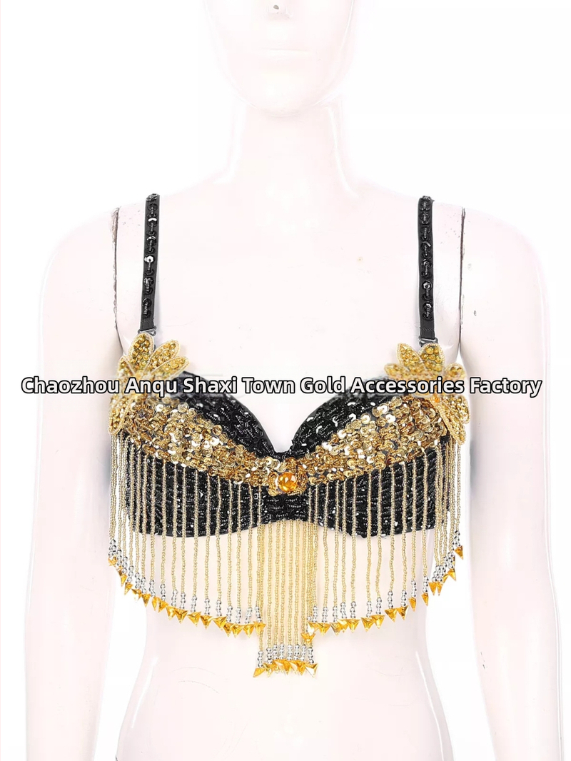 Bustier pentru dansul stomacului cu paiete, broderie manuală cu mărgele și aplicații florale, top pentru scenă; material principal: poliester 50–70%, PVC 30–50%, stil sexy, street