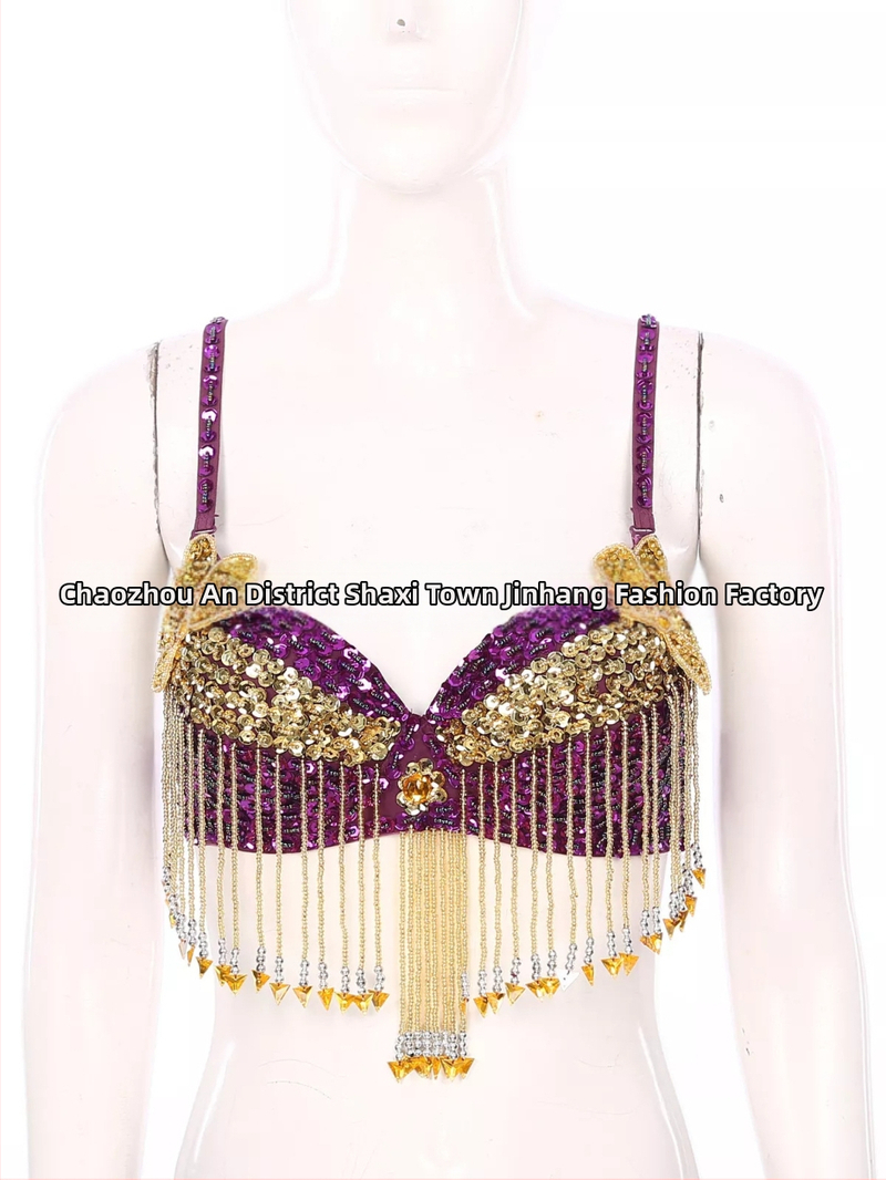 Bustier pentru dansul stomacului cu paiete, broderie manuală cu mărgele și aplicații florale, top pentru scenă; material principal: poliester 50–70%, PVC 30–50%, stil sexy, street