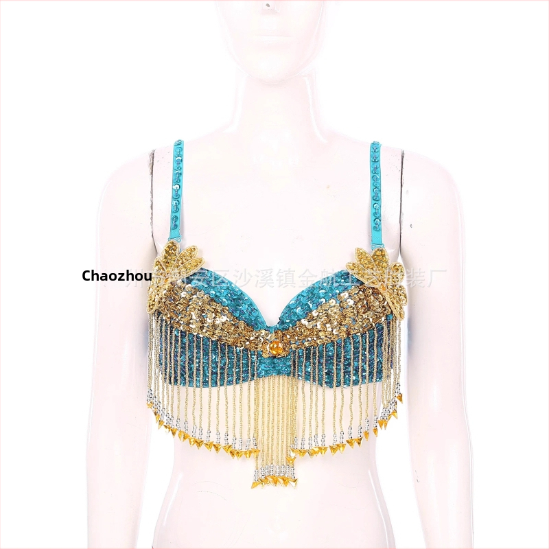 Bustier pentru dansul stomacului cu paiete, broderie manuală cu mărgele și aplicații florale, top pentru scenă; material principal: poliester 50–70%, PVC 30–50%, stil sexy, street