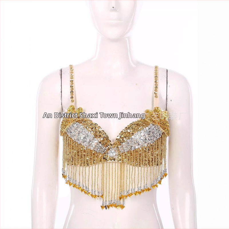 Bustier pentru dansul stomacului cu paiete, broderie manuală cu mărgele și aplicații florale, top pentru scenă; material principal: poliester 50–70%, PVC 30–50%, stil sexy, street