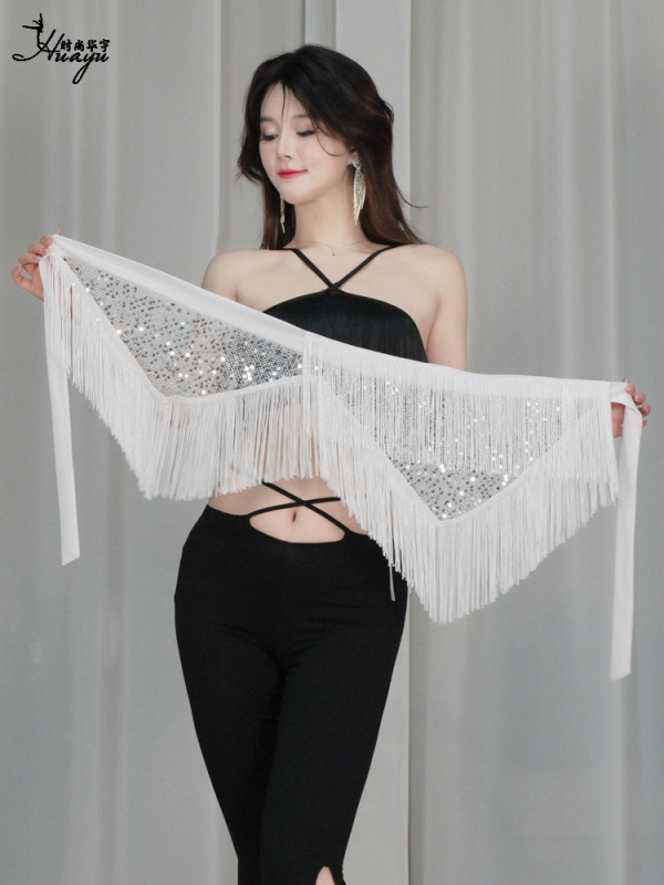 Șal de șold pentru dansul belly cu paiete și ciucuri, curea de scenă, material poliester, accente cristal, vară 2025, femei 18–24