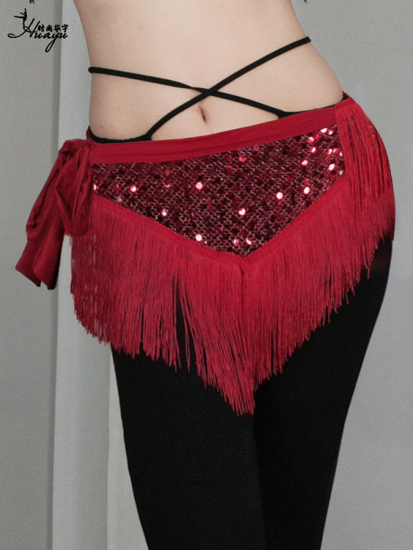 Șal de șold pentru dansul belly cu paiete și ciucuri, curea de scenă, material poliester, accente cristal, vară 2025, femei 18–24