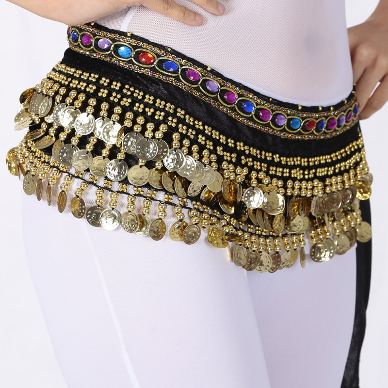 Centură de talie pentru Belly Dance cu șal hip de catifea, monezi atârnate și accente de diamant, pentru dans Belly/Oriental/Xinjiang/Indian