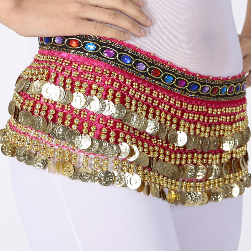 Centură de talie pentru Belly Dance cu șal hip de catifea, monezi atârnate și accente de diamant, pentru dans Belly/Oriental/Xinjiang/Indian