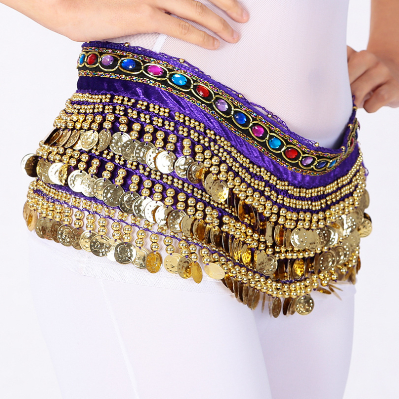 Centură de talie pentru Belly Dance cu șal hip de catifea, monezi atârnate și accente de diamant, pentru dans Belly/Oriental/Xinjiang/Indian