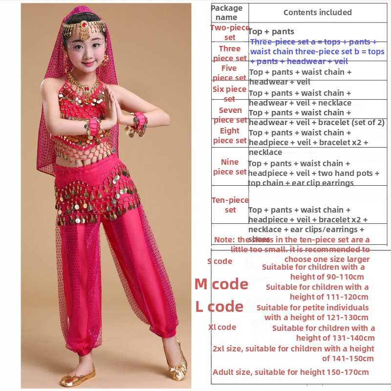 Bērnu deju kostīms vēdera dejām un tautas dejām, komplekts sagatavošanai un uzstāšanās, 120D šifons