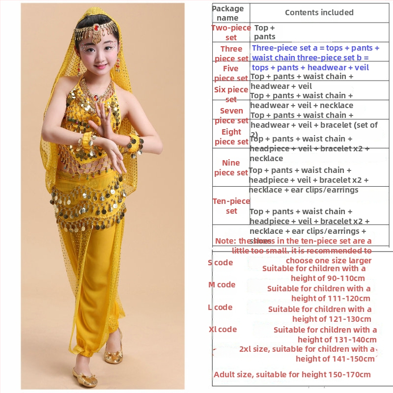 Bērnu deju kostīms vēdera dejām un tautas dejām, komplekts sagatavošanai un uzstāšanās, 120D šifons