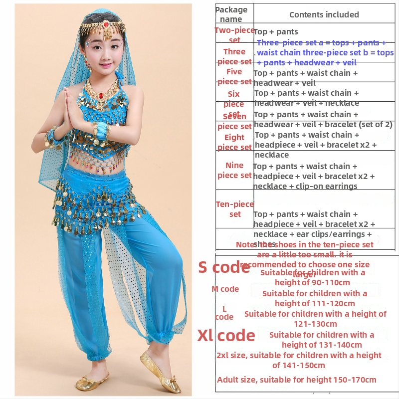 Bērnu deju kostīms vēdera dejām un tautas dejām, komplekts sagatavošanai un uzstāšanās, 120D šifons