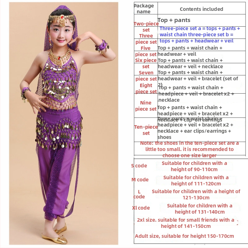 Bērnu deju kostīms vēdera dejām un tautas dejām, komplekts sagatavošanai un uzstāšanās, 120D šifons
