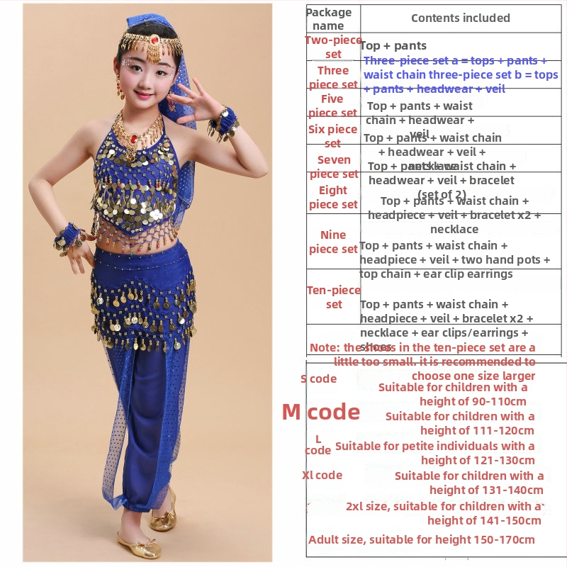 Bērnu deju kostīms vēdera dejām un tautas dejām, komplekts sagatavošanai un uzstāšanās, 120D šifons