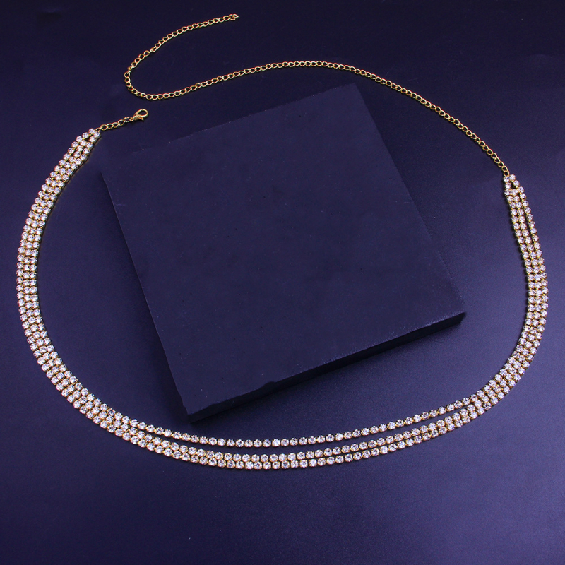 Kūno grandinė juosmeniui – moterų daugiasluoksnė grandinė iš lydinio, elektroplakavimas, balti kristalai ir platinos brangakmeniai