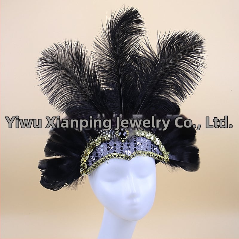 Headwear Vintage Feather Headband Crown with Plaid Pattern, Summer 2024