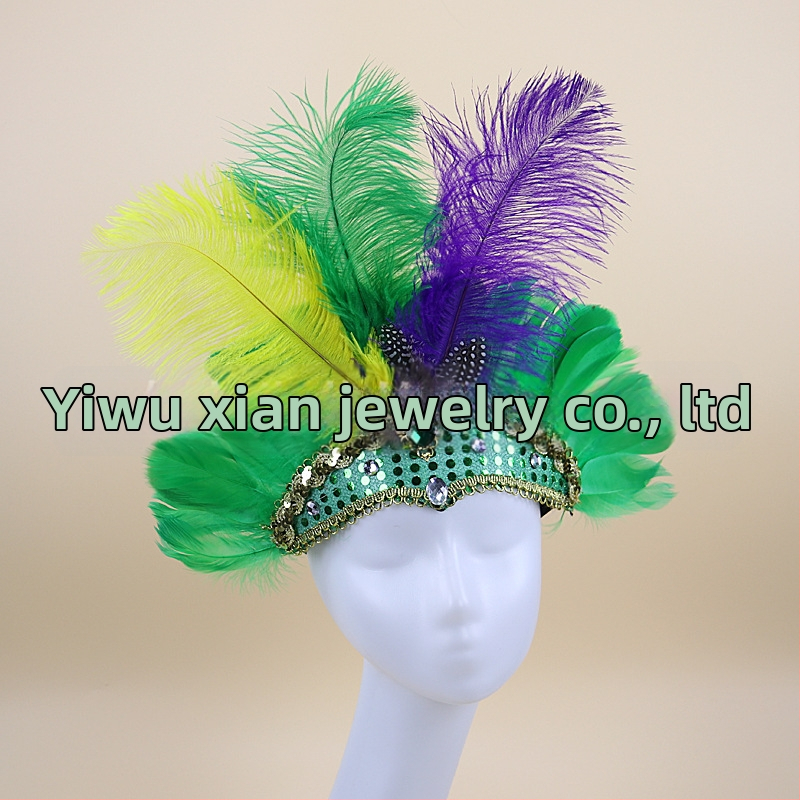 Headwear Vintage Feather Headband Crown with Plaid Pattern, Summer 2024