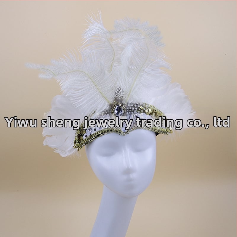 Headwear Vintage Feather Headband Crown with Plaid Pattern, Summer 2024