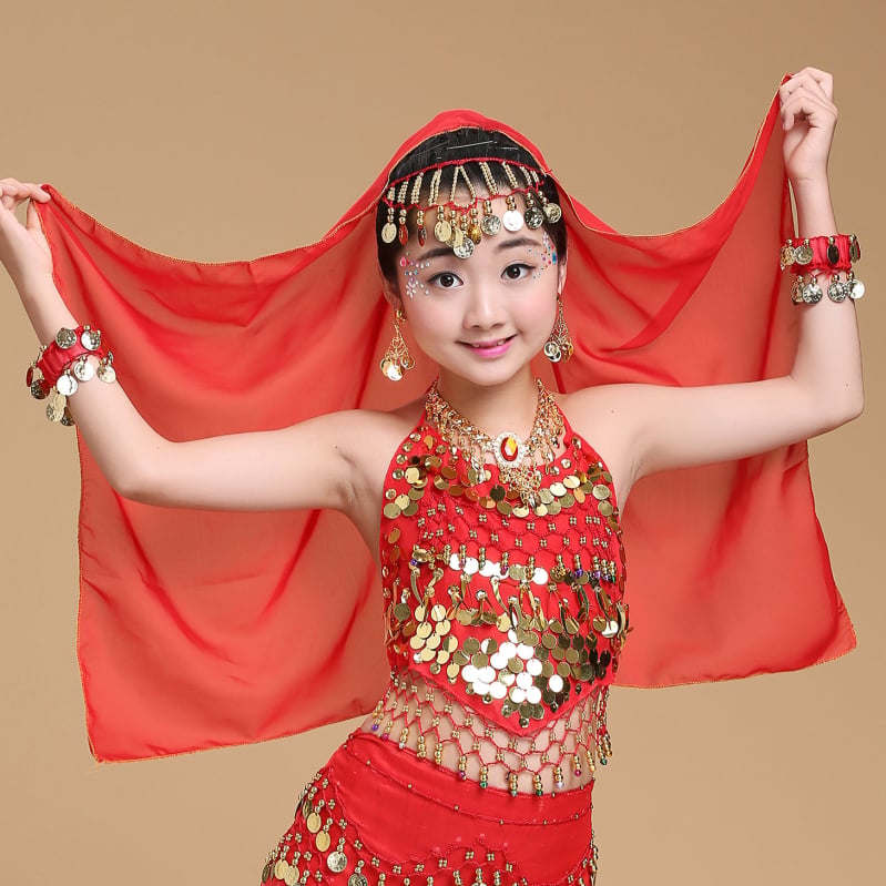 Šal za belly dance s veo i visećim novčićima — Yan Zi Dance Rhyme, 120D šifon, poliester, scenski kostim, djevojčice do 17 godina