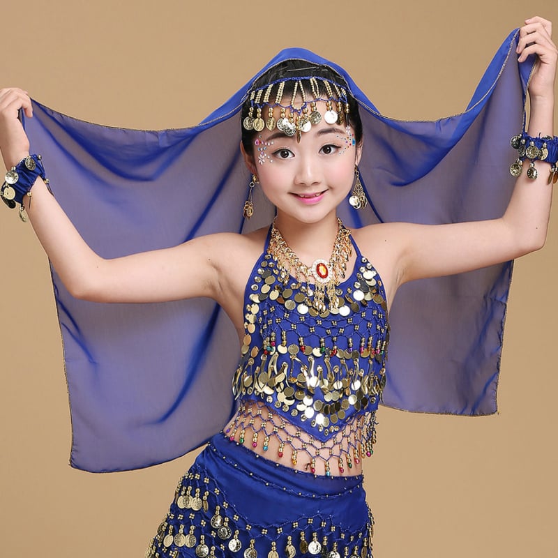 Šal za belly dance s veo i visećim novčićima — Yan Zi Dance Rhyme, 120D šifon, poliester, scenski kostim, djevojčice do 17 godina