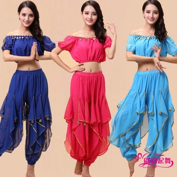 Set Belly Dance kostima za odrasle – top s lampastim rukavima i vrtećim hlačama, akrilni materijal + chiffon 120D