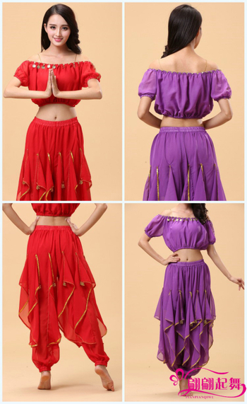 Set Belly Dance kostima za odrasle – top s lampastim rukavima i vrtećim hlačama, akrilni materijal + chiffon 120D