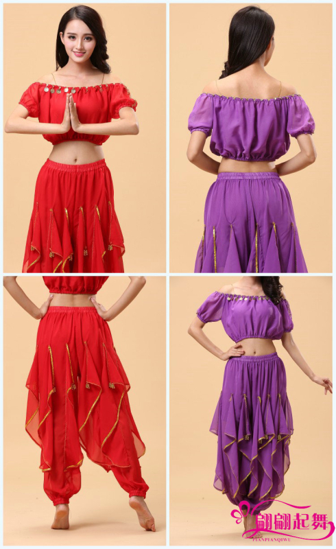 Set Belly Dance kostima za odrasle – top s lampastim rukavima i vrtećim hlačama, akrilni materijal + chiffon 120D