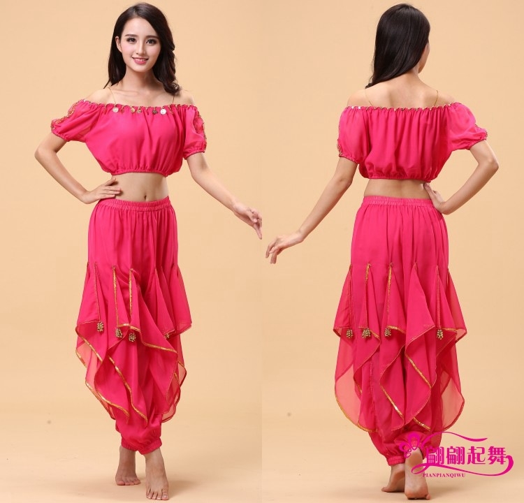 Set Belly Dance kostima za odrasle – top s lampastim rukavima i vrtećim hlačama, akrilni materijal + chiffon 120D