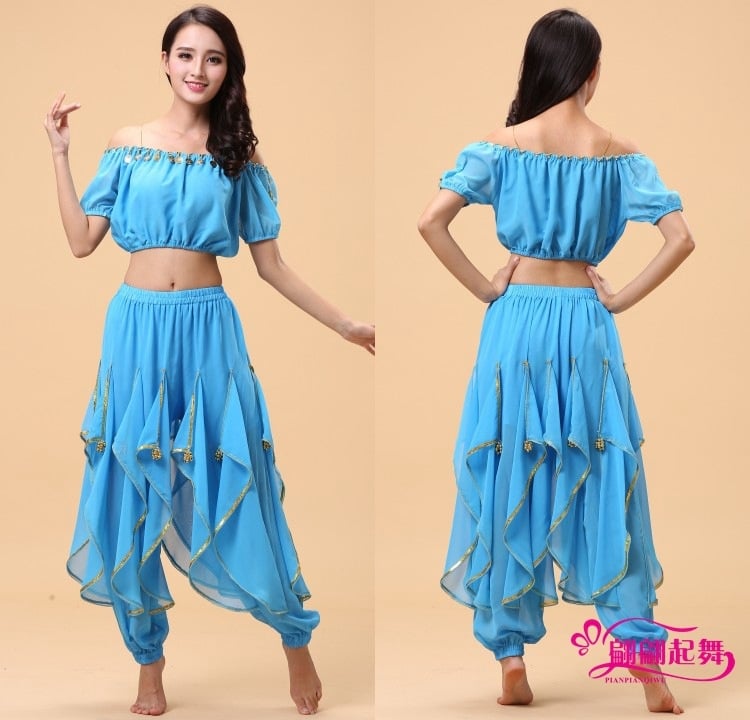 Set Belly Dance kostima za odrasle – top s lampastim rukavima i vrtećim hlačama, akrilni materijal + chiffon 120D